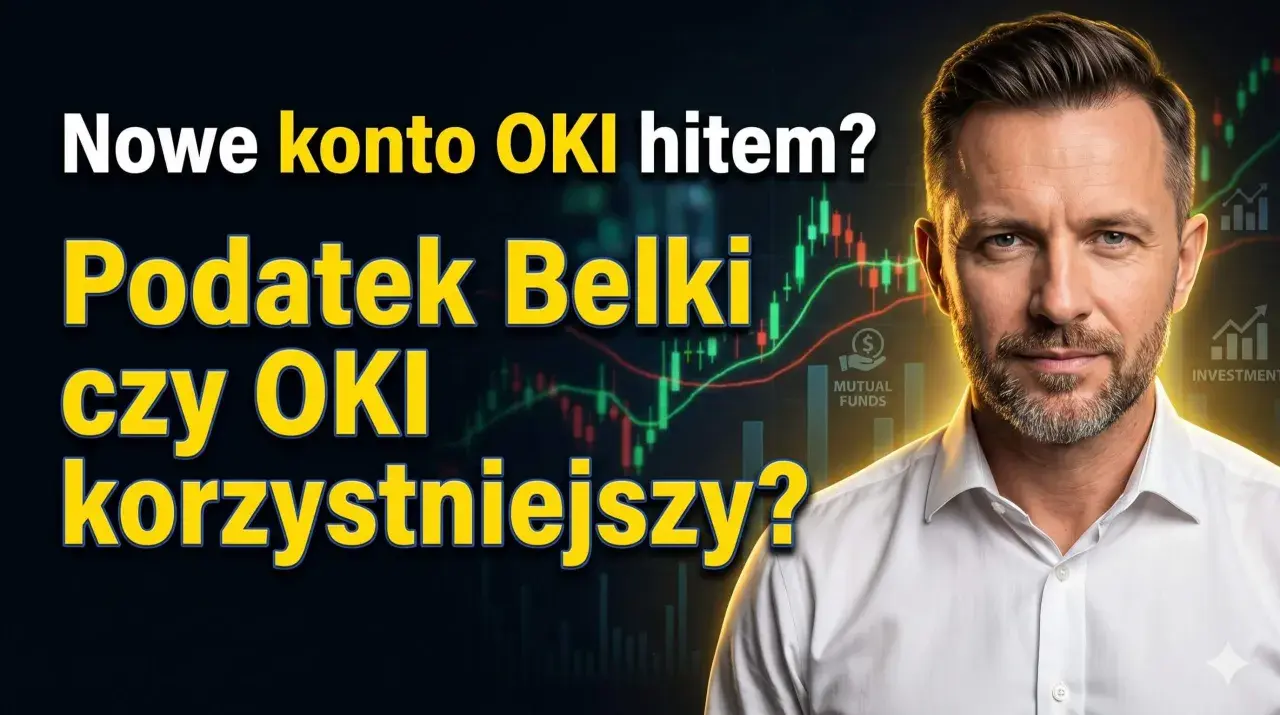 Nowe konto OKI hitem? Podatek Belki czy OKI korzystniejszy? Mężczyzna na tle wykresów giełdowych.