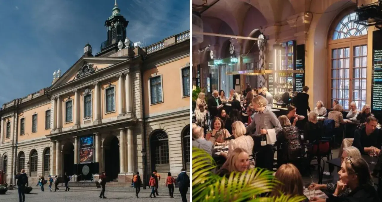 Nobelpriset museum i Stockholm med folk som minglar inomhus.