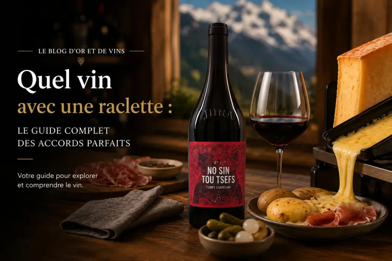 Quel vin choisir pour accompagner une raclette ? Une bouteille de vin rouge Jura, un verre rempli, du fromage fondant et des pommes de terre.