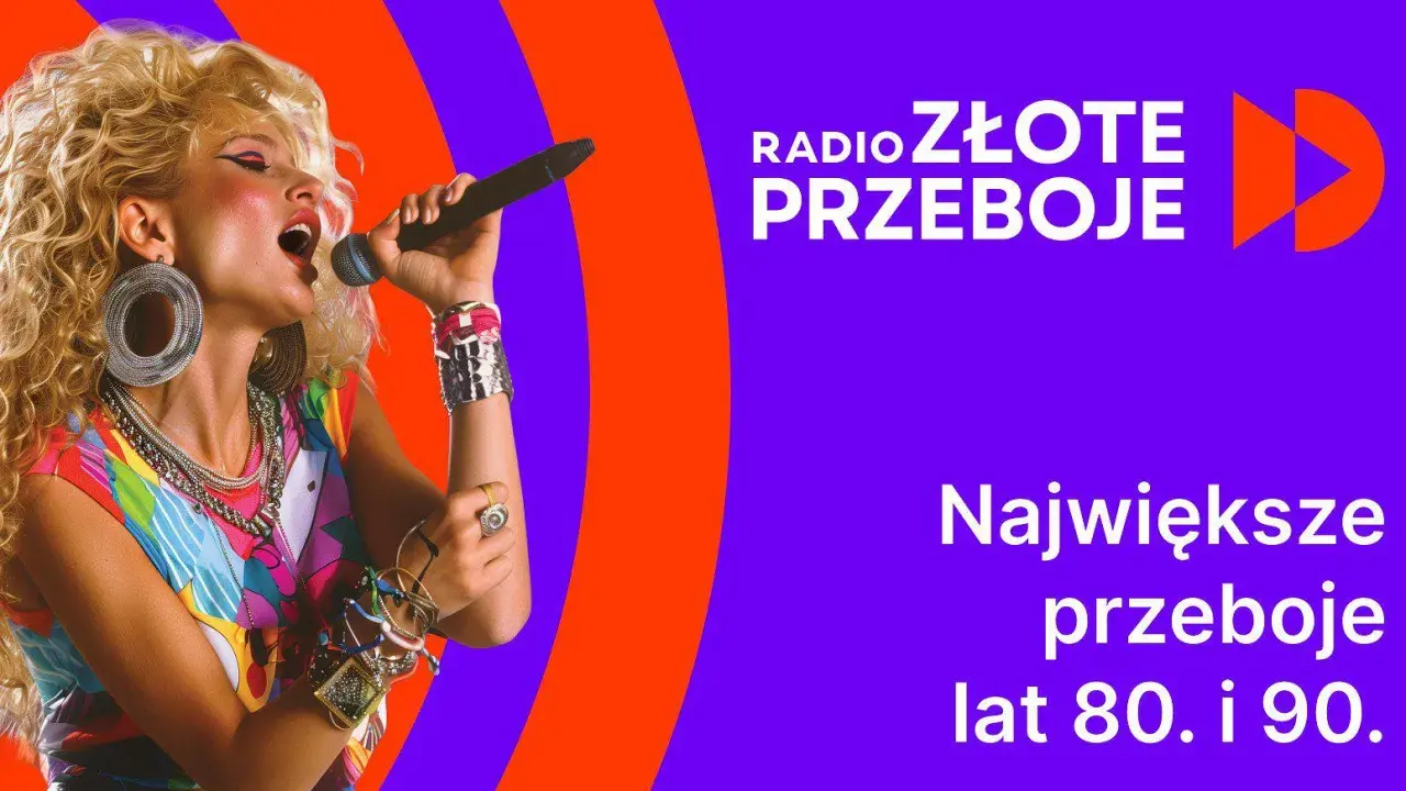 Kobieta z burzą blond włosów śpiewa do mikrofonu, ubrana w kolorowy strój i biżuterię w stylu lat 80. Logo "Radio Złote Przeboje" i napis "Największe przeboje lat 80. i 90." podkreślają klimat.