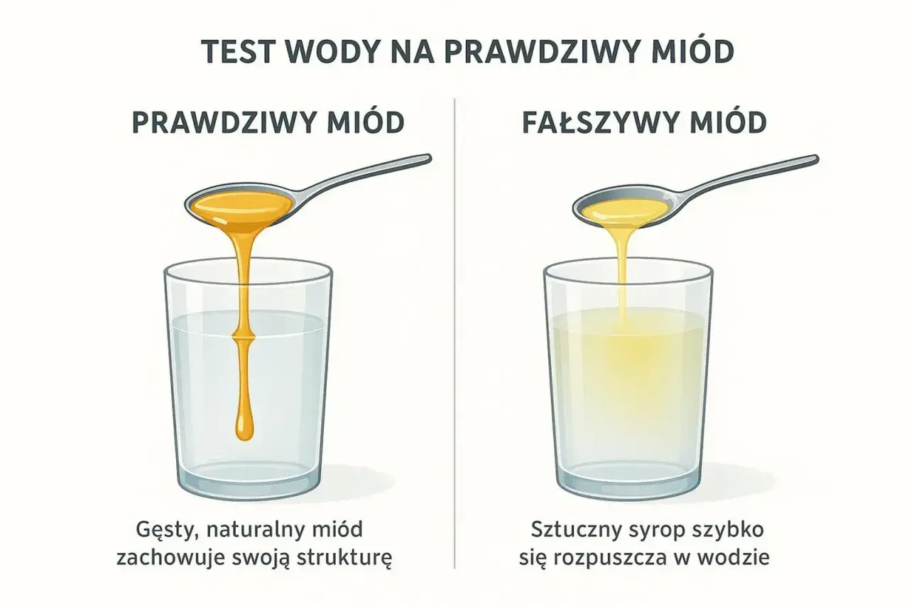 Prawdziwy miód zachowuje strukturę, nie rozpuszcza się w wodzie. Sztuczny syrop szybko się rozpuszcza, pokazując, dlaczego miód się nie krystalizuje.