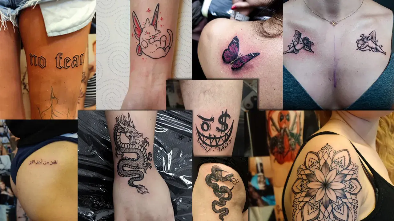 Kolekcja tatuaży: smok, motyl, aniołki, napis "no fear", uśmiechnięta twarz z dolarem, wąż, kwiat. Niektóre z nich mogą być symbolem cierpienia.
