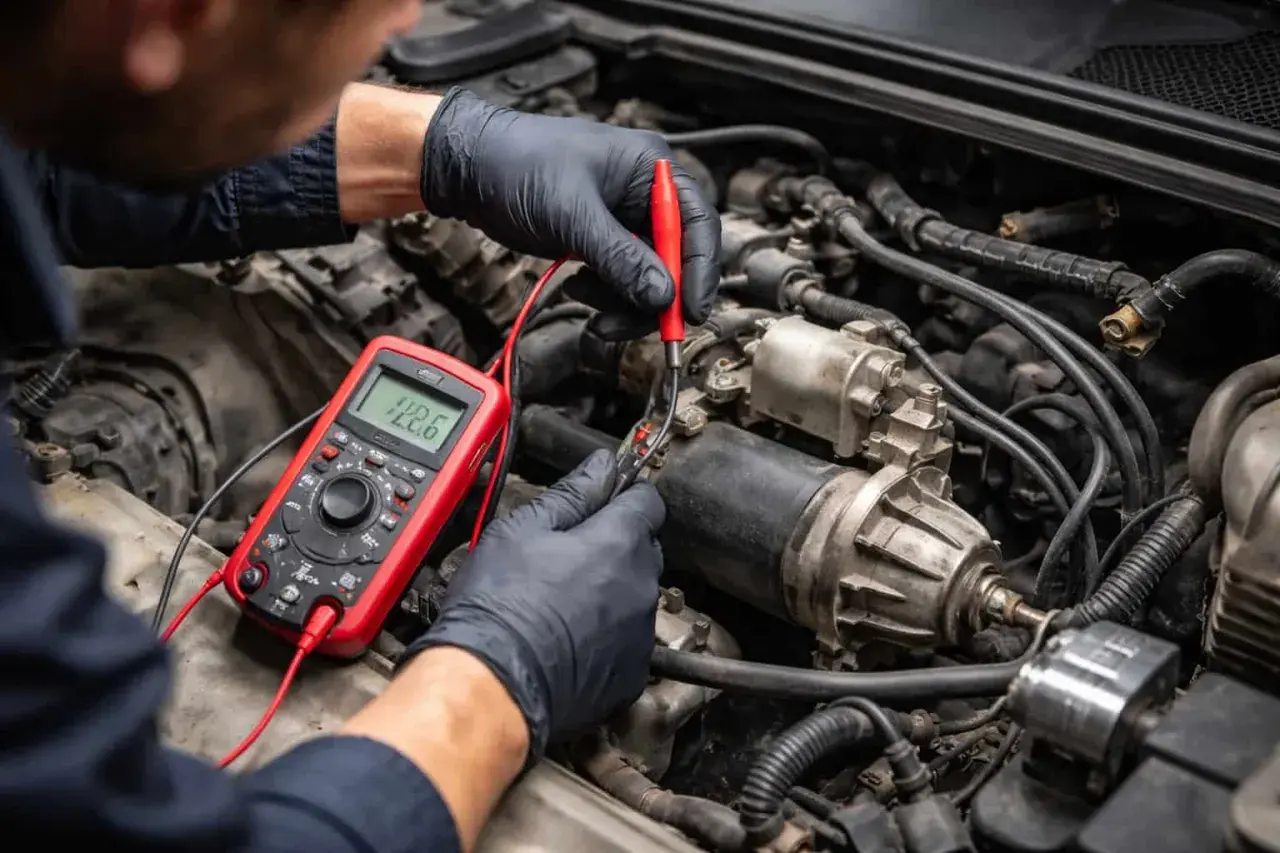 Mécanicien vérifiant le fusible démarreur avec un multimètre rouge dans un compartiment moteur.