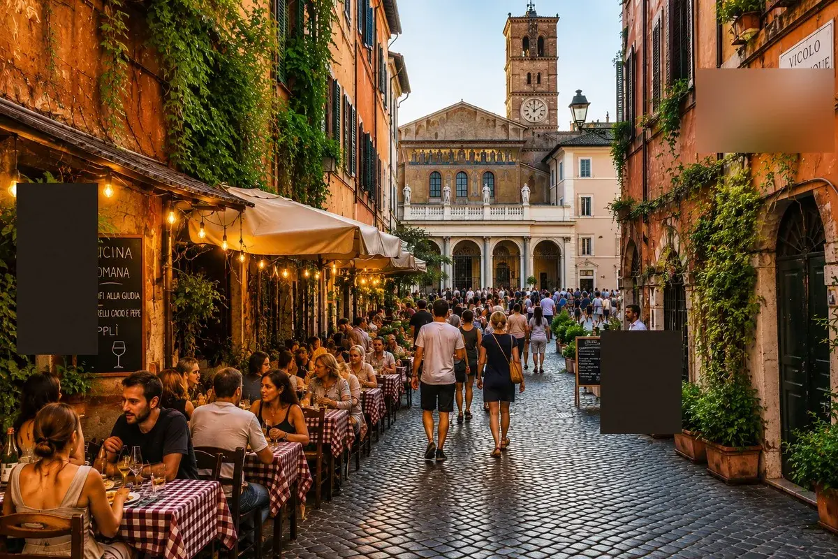 Wieczorny spacer po urokliwym **Trastevere**. Ludzie siedzą przy stolikach restauracji, delektując się kolacją. W tle widać zabytkową bazylikę.
