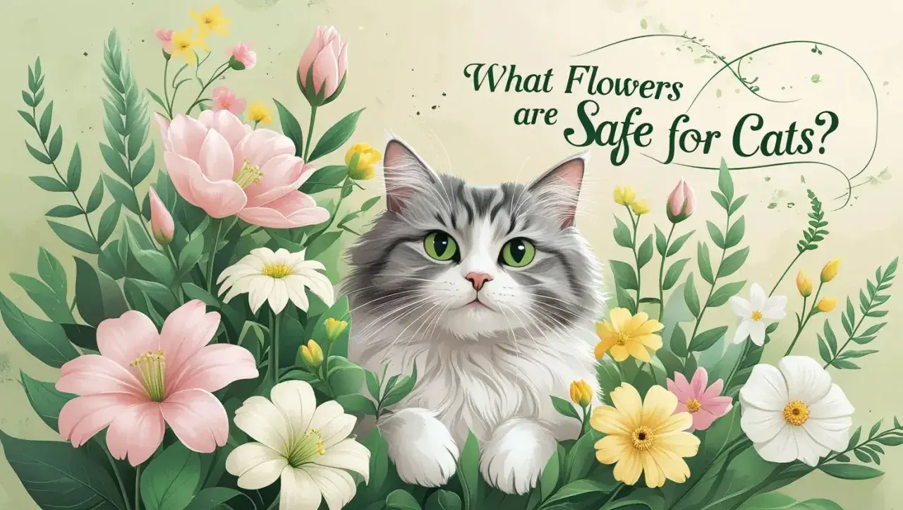 A fluffy cat with green eyes peeks through a garden of colorful flowers, asking "What Flowers are Safe for Cats?