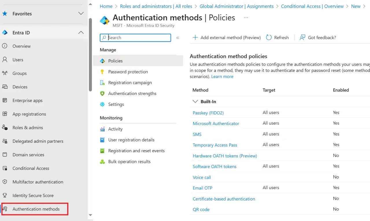 Interface Microsoft Entra ID pour configurer les méthodes d'authentification, y compris le MFA.
