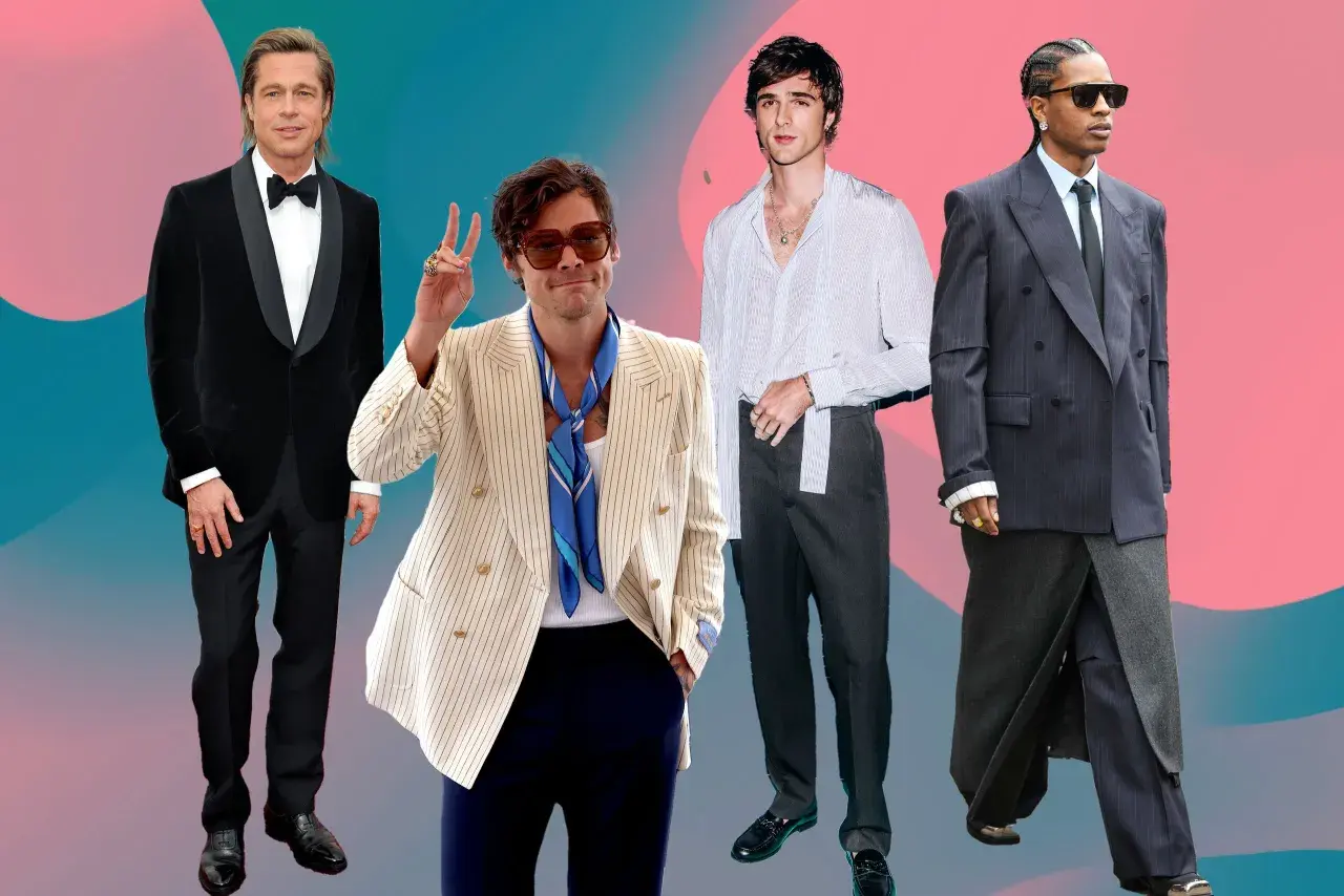 Vier Männer in stilvollen Outfits, die verschiedene Interpretationen des dress codes zeigen: von klassischem Smoking bis zu modernen Anzügen.