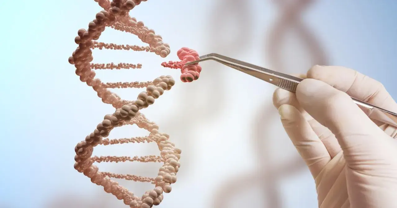 Ręka w rękawiczce trzyma pęsetą fragment DNA, jakby tworząc jego klon.