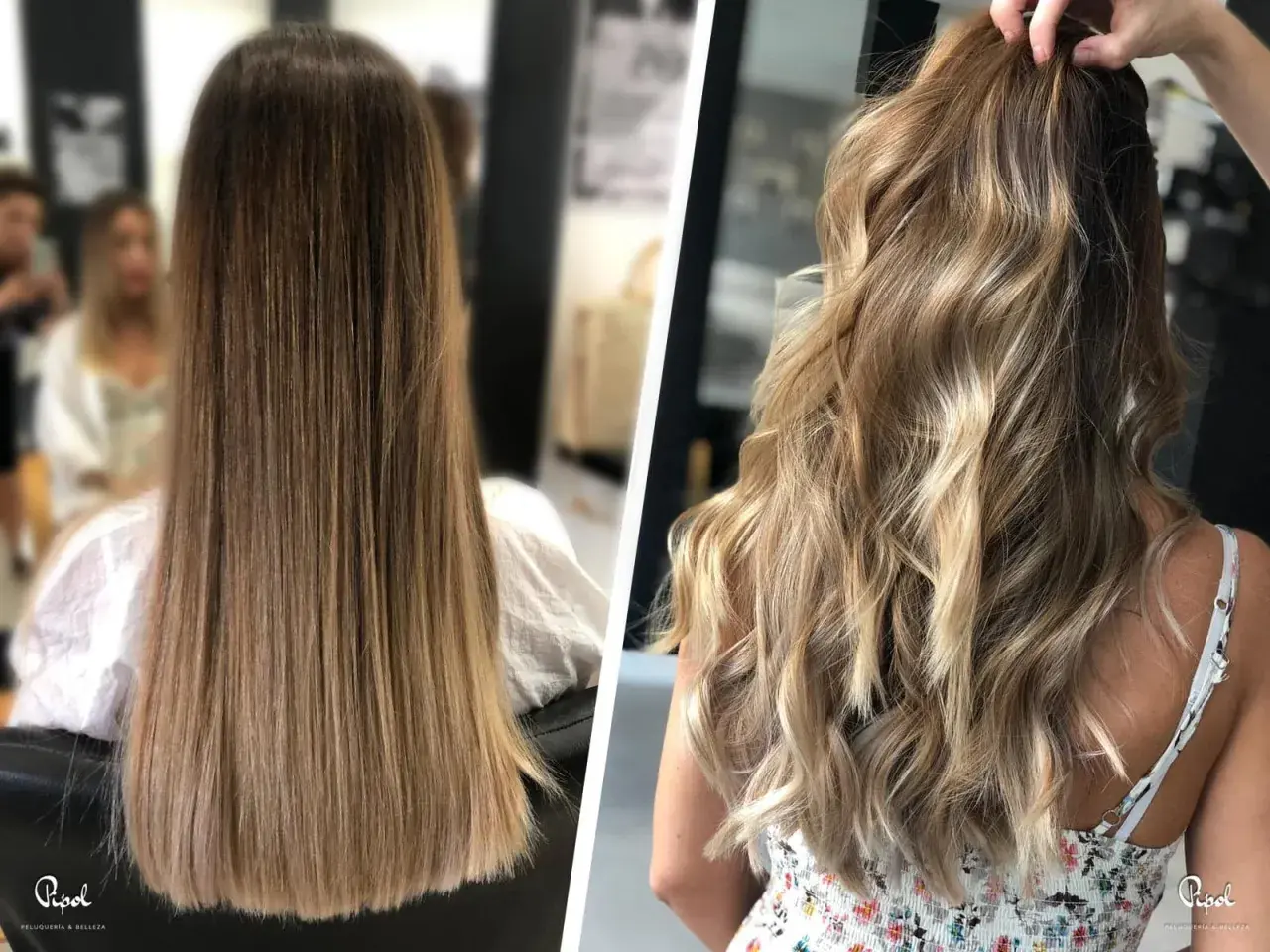 Cabello castaño liso transformado con mechas babylight rubias y ondas playeras, un cambio radiante.