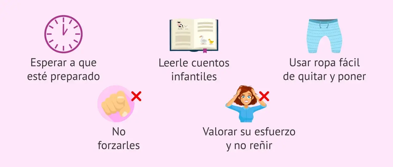 Consejos para quitar el pañal: esperar, leer cuentos, usar ropa fácil, no forzar, valorar esfuerzo.