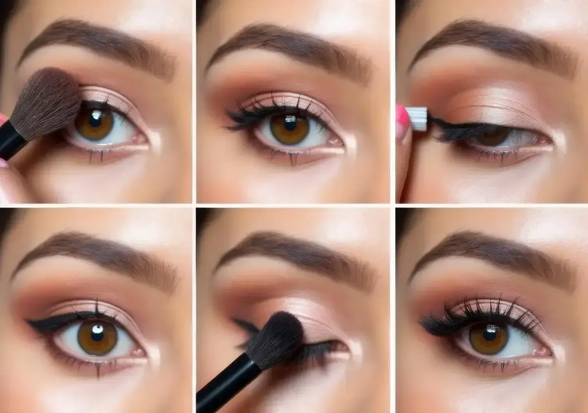 Étapes pour un maquillage des cils parfait : ombre à paupières, eye-liner, et application de faux cils pour un regard intense.
