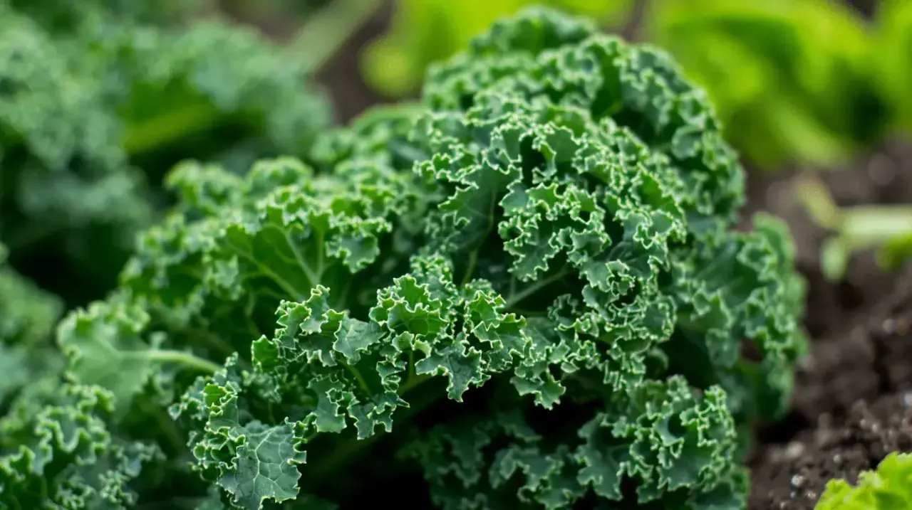 Zielony, pofałdowany jarmuż w gruncie. Jego liczne, zdrowe jarmuż właściwości czynią go superfood.
