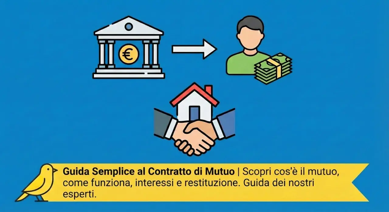 Illustrazione di un mutuo: banca, persona con denaro, stretta di mano per una casa. Guida al piano di ammortamento italiano.
