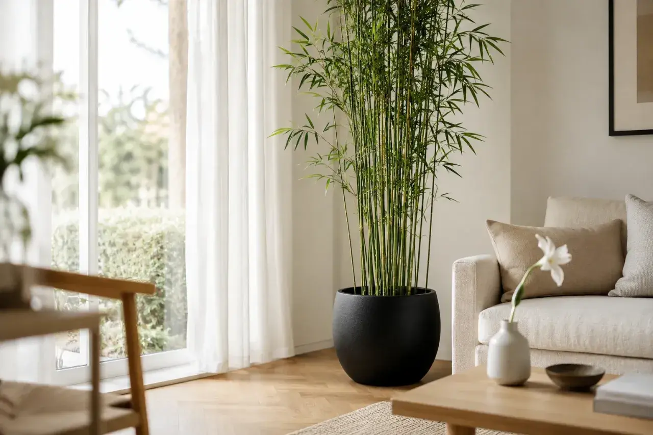Dracaena sanderiana, znana jako "bambus szczęścia", rośnie w czarnej donicy obok okna z białymi zasłonami.