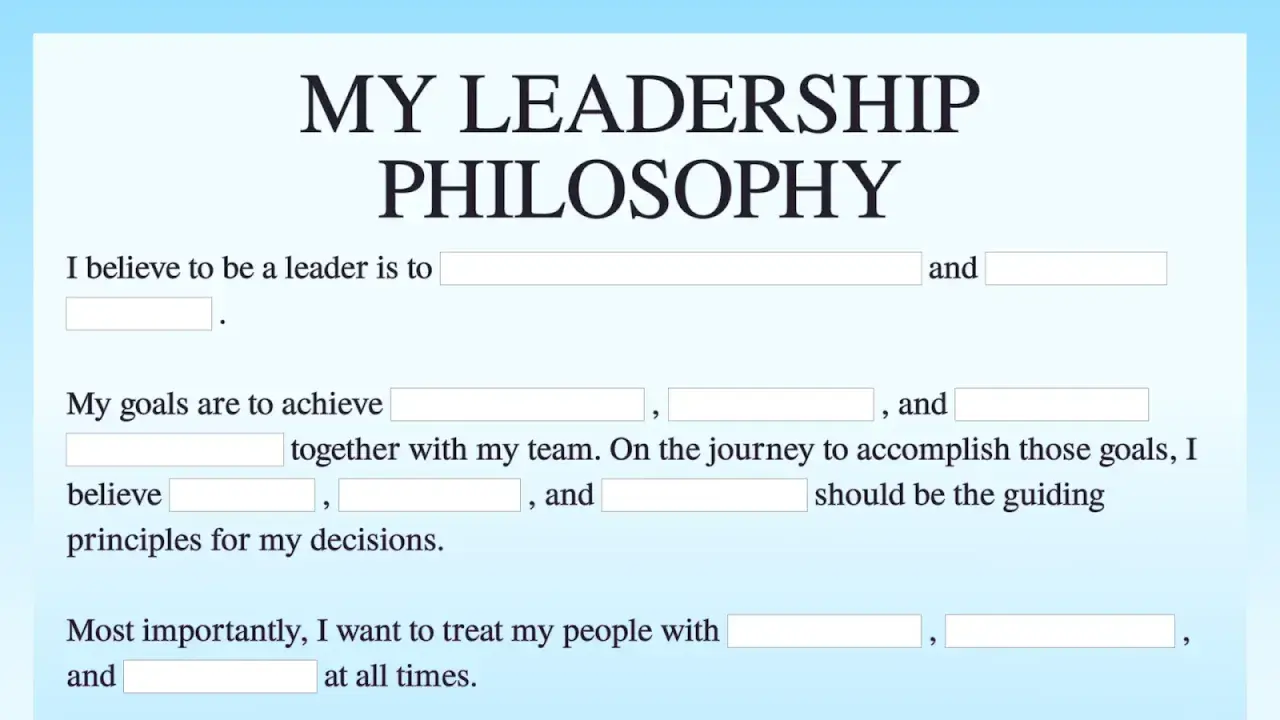 Worksheet titled "My Leadership Philosophy" with fill-in-the-blanks for defining leadership beliefs, goals, and principles.
