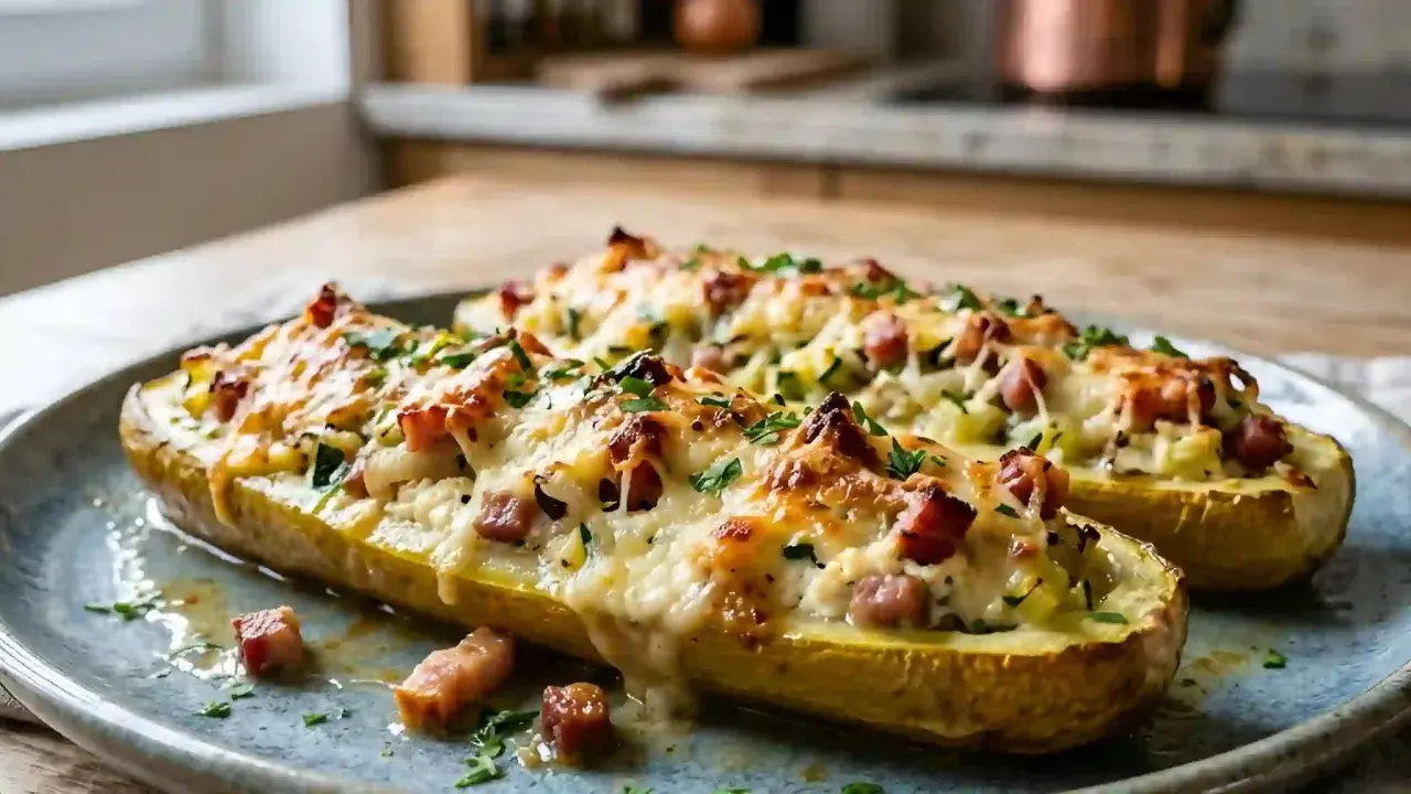 Courgettes farcies au fromage et lardons, une recette avec ricotta courgette qui fond en bouche.