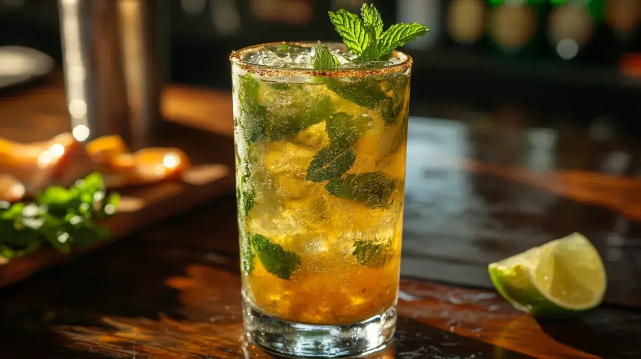 Szklanka orzeźwiającego, bezalkoholowego mojito z miętą i lodem, ozdobiona ćwiartką limonki.