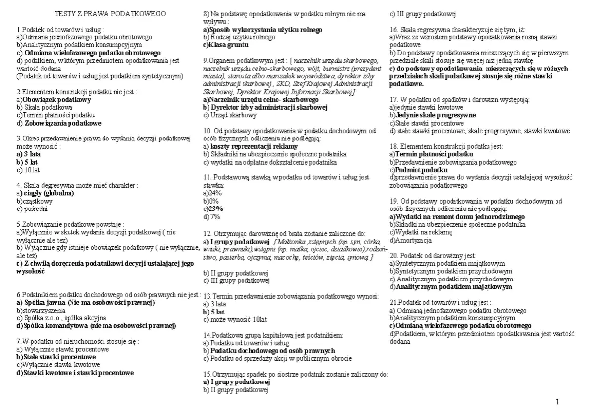 Test z prawa podatkowego, pytanie 20 dotyczy podatku od darowizny, który jest analitycznym podatkiem majątkowym.