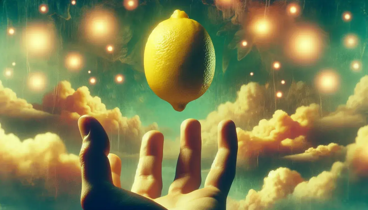 Una mano se extiende hacia un limón flotante en un cielo onírico con nubes doradas y luces brillantes. Es como soñar con limones.