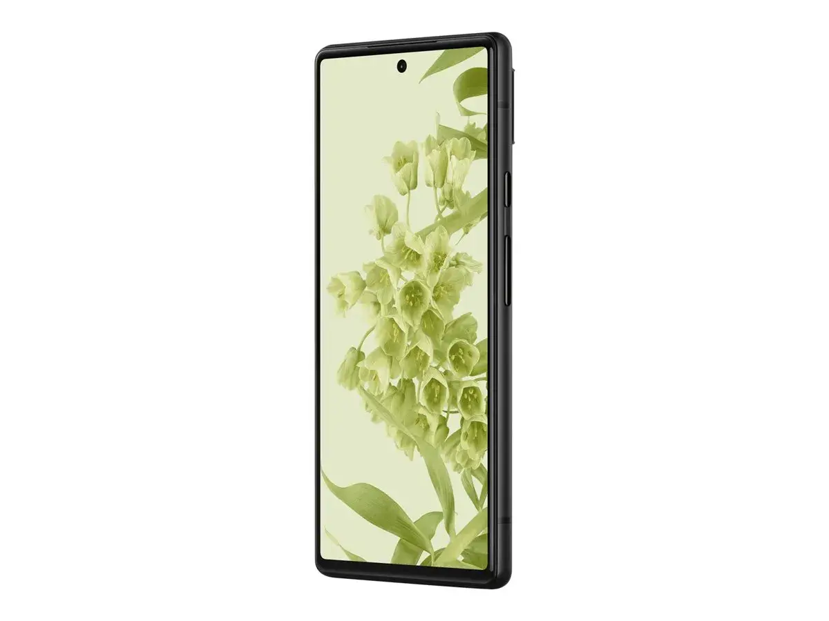 Smartfon Pixel 6 w czarnej obudowie, z tapetą w kwiaty. Poznaj jego wymiary.
