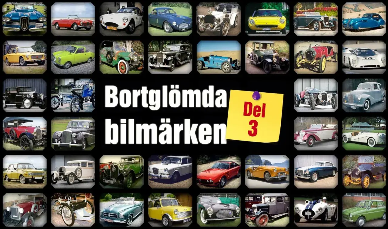 En samling gamla bilar, många bortglömda bilmärken, visas i collageform. Del 3.