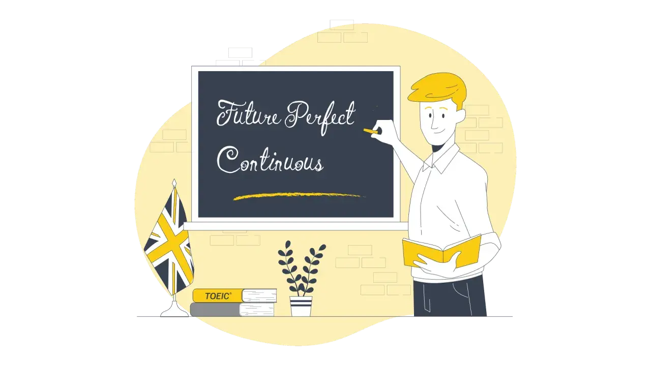 Un insegnante scrive "Future Perfect Continuous" alla lavagna, pronto a spiegare questo tempo verbale.