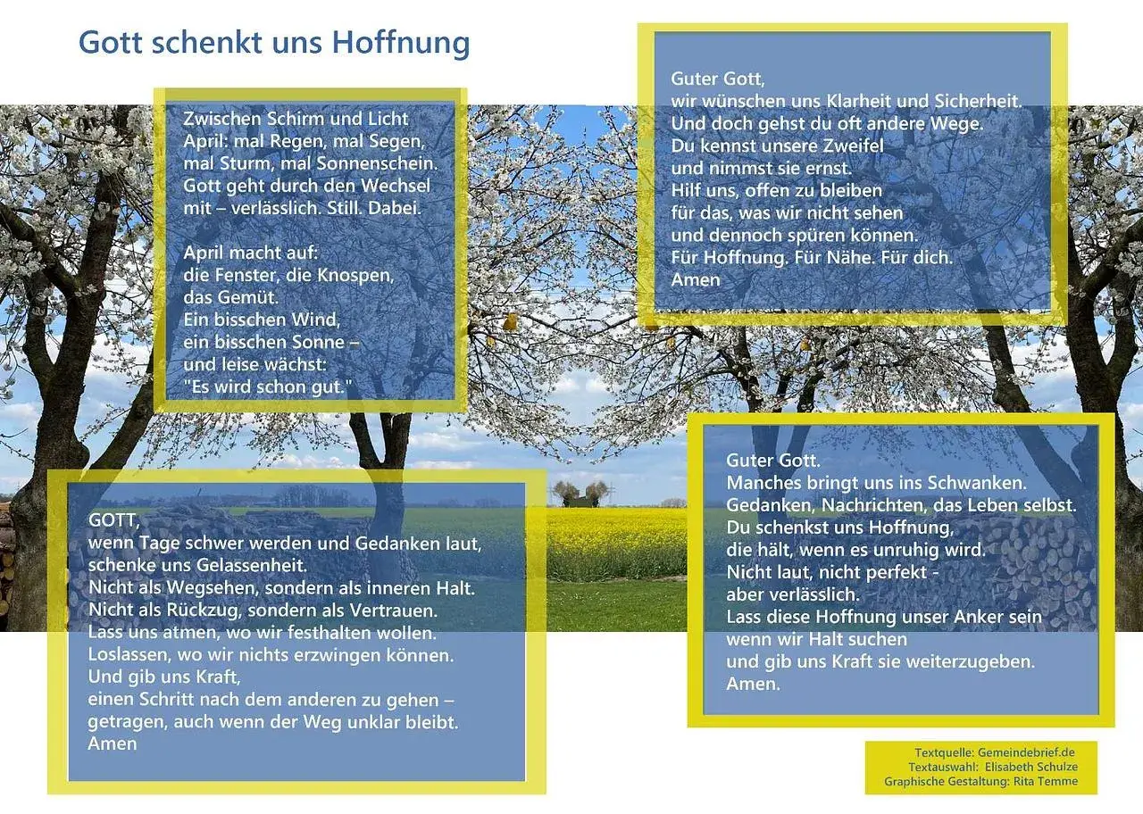 Blühende Bäume im April, dazu Texte über Hoffnung und Vertrauen. Ein evangelischer Text zum Thema evangelisch fasten.