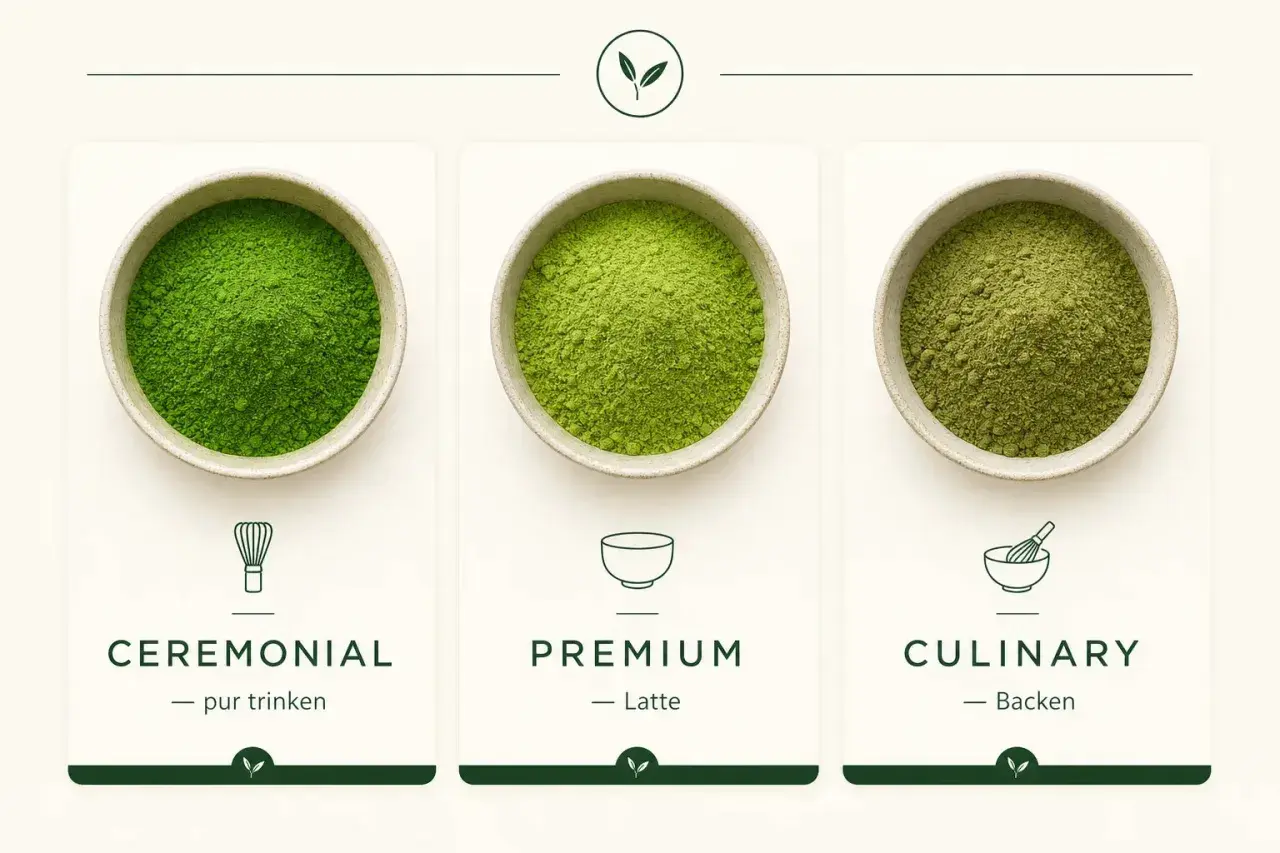 Drei Schalen mit verschiedenen matcha sorten: Ceremonial, Premium und Culinary.