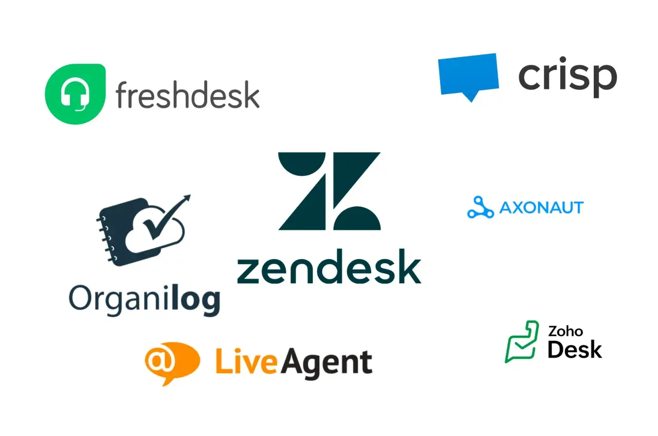 Logos de solutions de ticket informatique : Freshdesk, Crisp, Zendesk, Organilog, LiveAgent, Axonut, Zoho Desk.