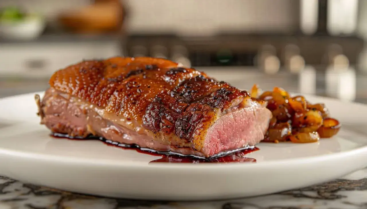 Un magret de canard rosé, peau croustillante, servi avec une garniture caramélisée sur une assiette blanche.
