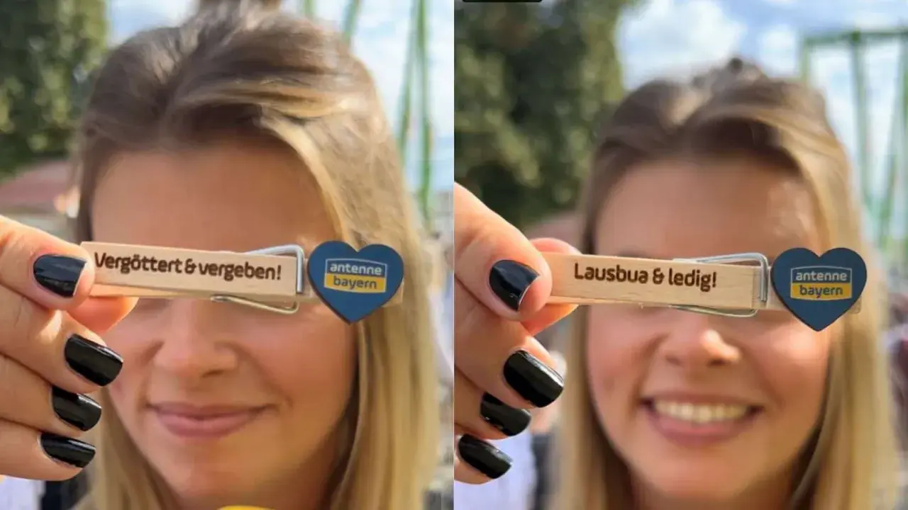 Frau hält Wäscheklammer mit Aufschrift "Lausbua & ledig!" und Antenne Bayern Logo. Beziehungsstatus: ledig.