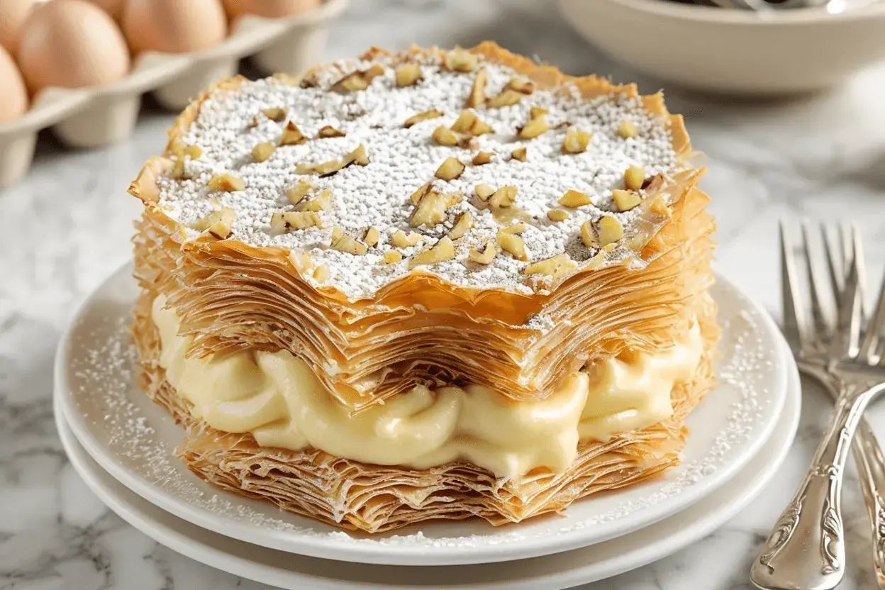 Deliciosa tarta árabe con capas crujientes de hojaldre, rellena de crema pastelera y espolvoreada con azúcar glas y nueces.