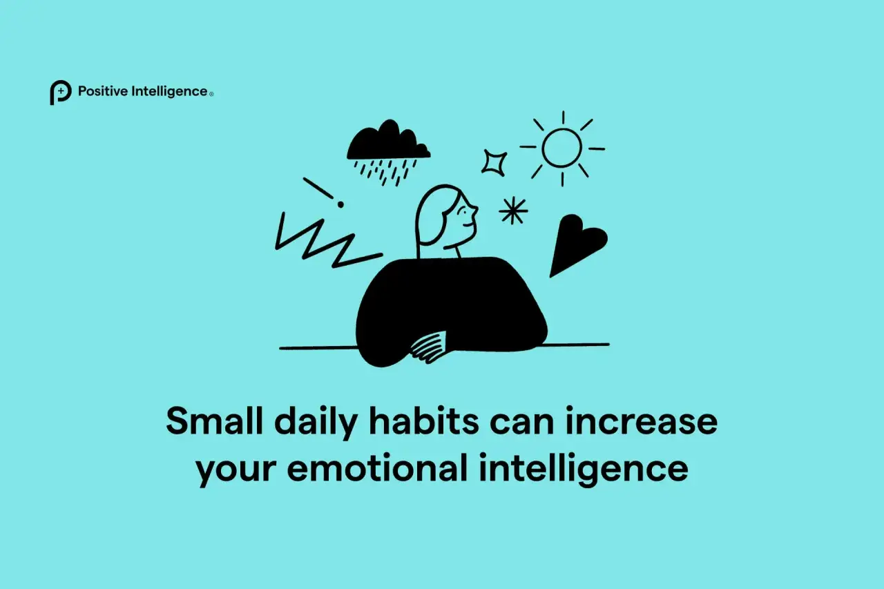 Illustration of a person with a calm expression, surrounded by symbols of challenges (rain cloud, lightning) and positivity (sun, heart). This visual represents how positive psychology techniques can build emotional intelligence.