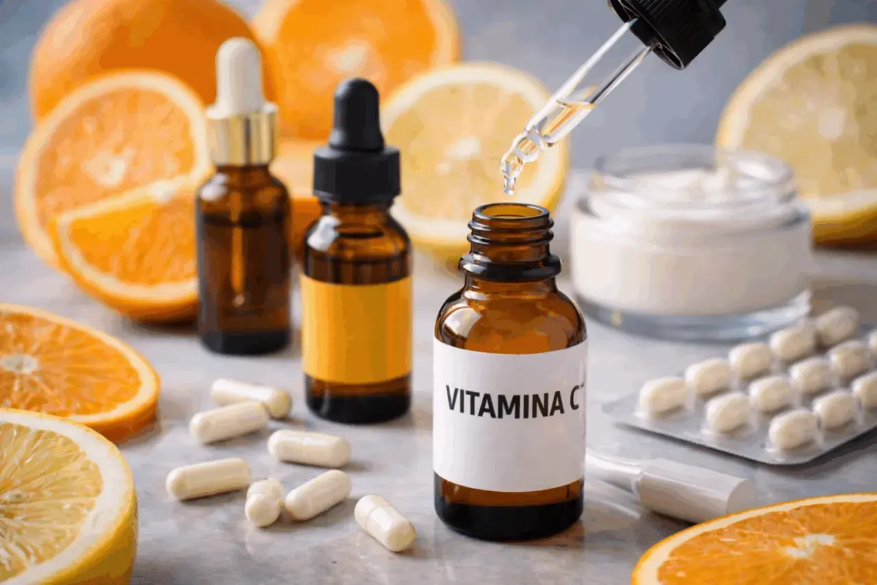 Siero vitamina c siero a cosa serve? Flaconi ambrati, agrumi, capsule e crema viso suggeriscono benefici per la pelle e il benessere.