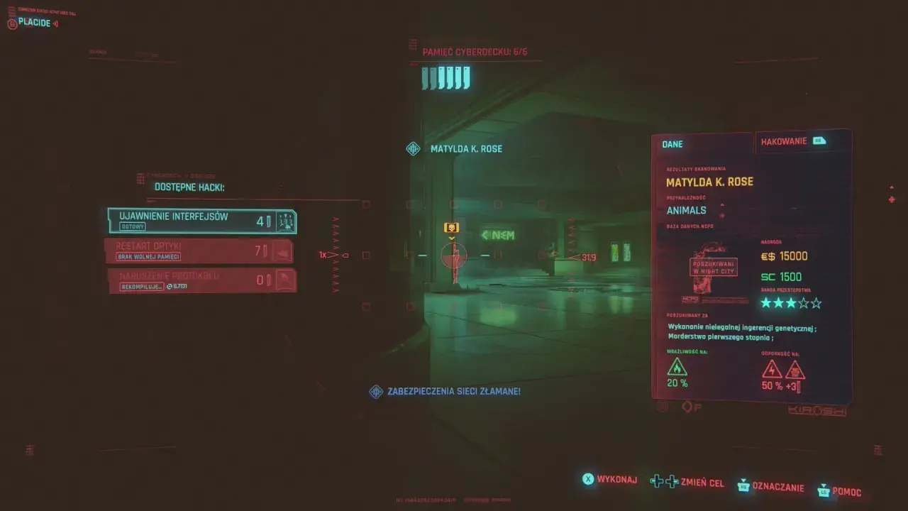 Widok z gry z interfejsem hakowania, cel: Matylda K. Rose, gang Animals. Rozpoznanie wzorca cyberpunk.