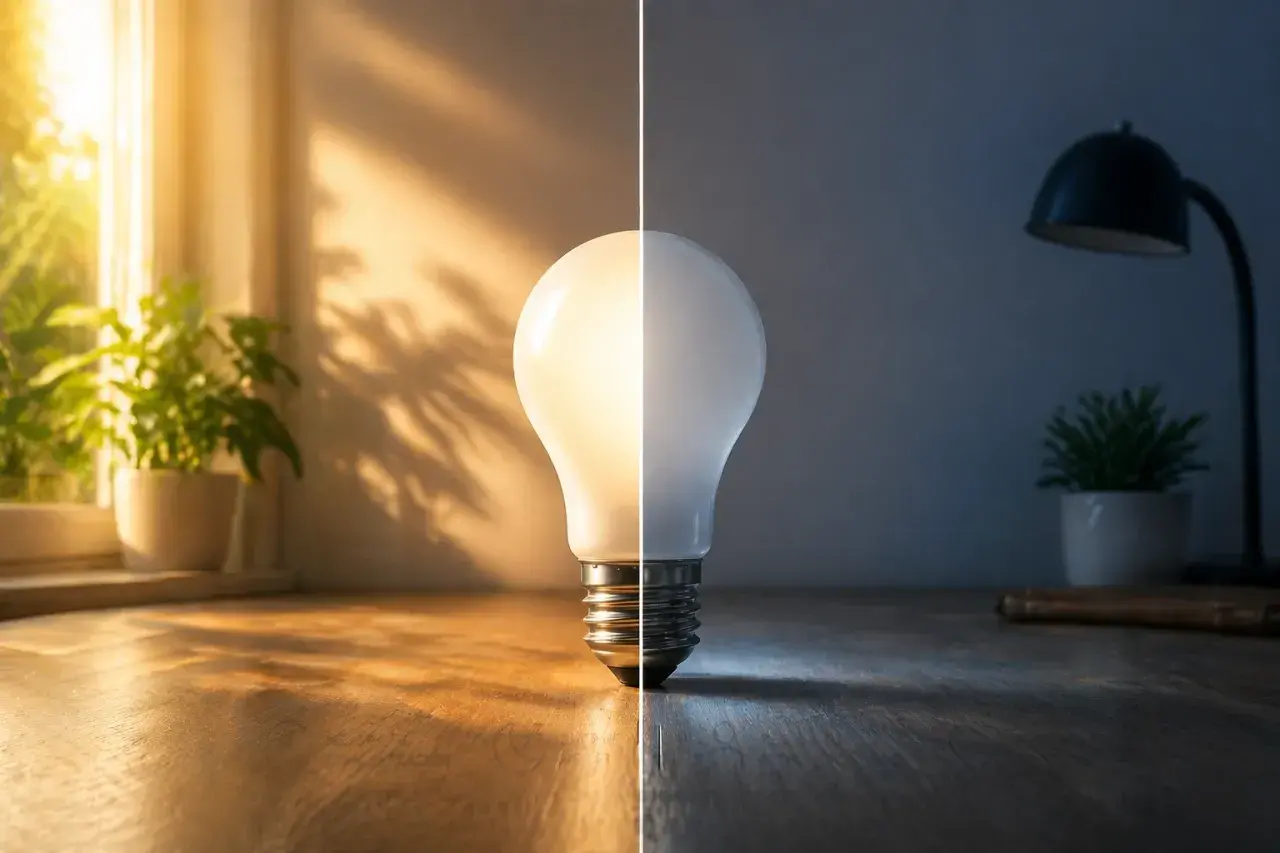 Bombilla dividida: luz cálida del sol y luz fría de lámpara. La bombilla muestra la transición de lux a lumenes, con plantas y sombras.
