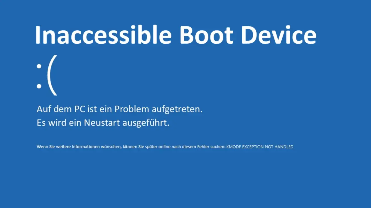 Windows 11: Inaccessible Boot Device. Ein trauriges Smiley und die Meldung "Auf dem PC ist ein Problem aufgetreten." deuten auf einen Neustart hin.