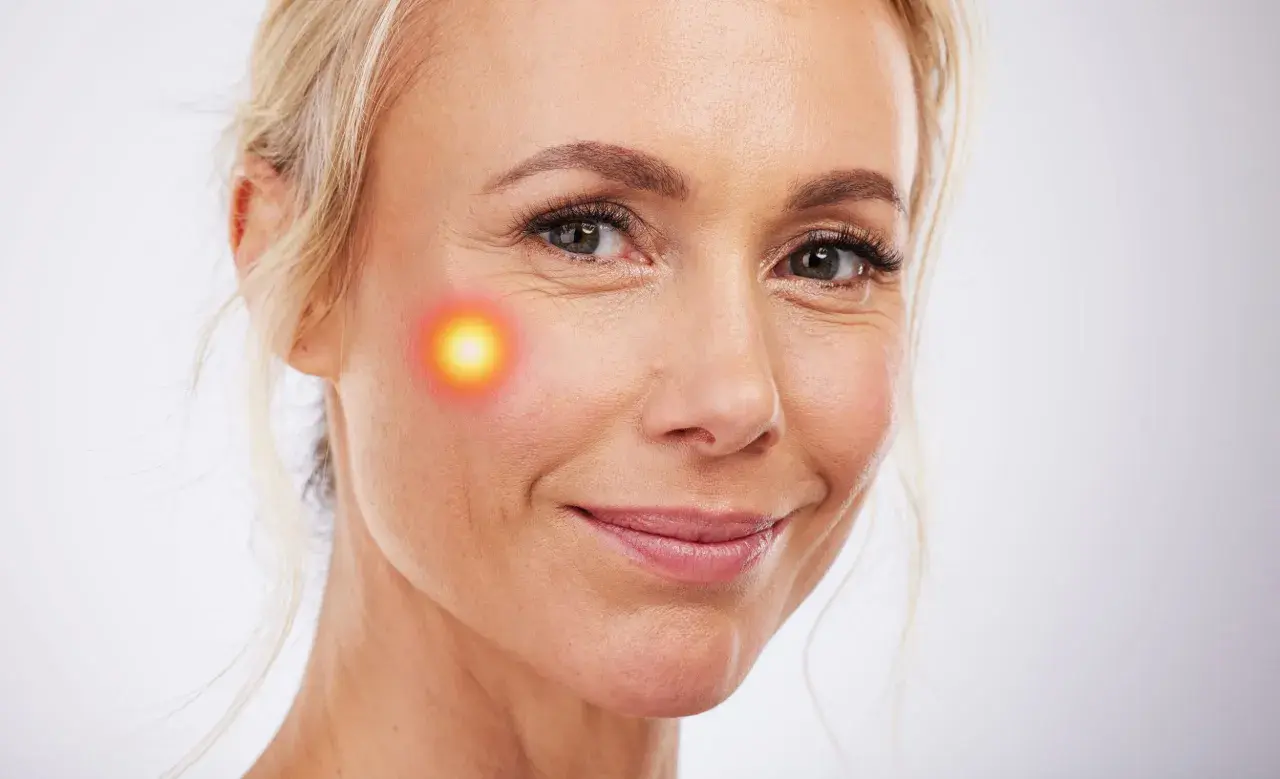 Mujer sonríe con un punto de luz roja en la mejilla, sugiriendo un tratamiento como Endolift. Consulta el endolift precio.