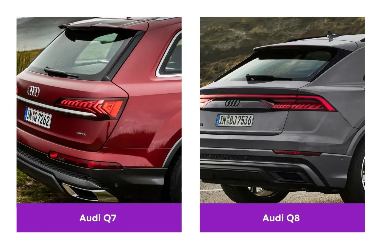 Tył czerwonego Audi Q7 i szarego Audi Q8, porównanie modeli rsq7.