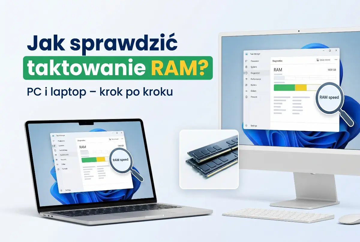 Jak sprawdzić taktowanie RAM? Na ekranach laptopa i komputera widać menedżer zadań z informacjami o pamięci RAM. Obok moduły RAM.