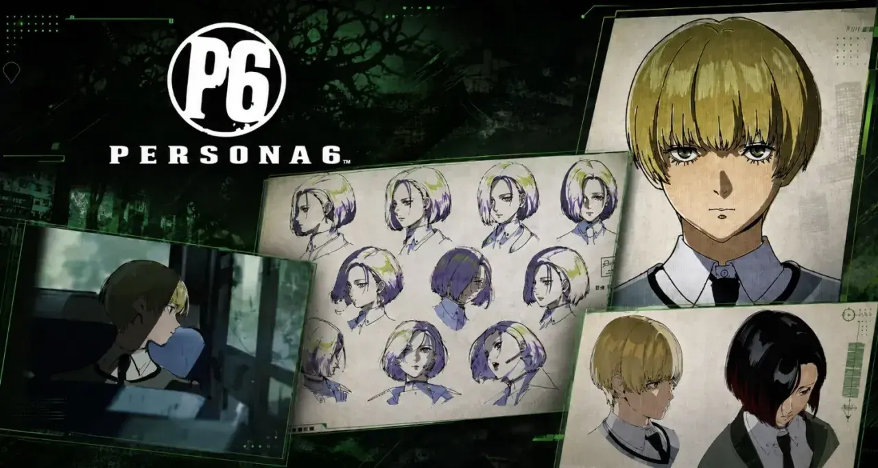 Logo Persona 6 i szkice postaci, w tym zbliżenie na twarz z blond włosami i kilka wariantów fryzur.
