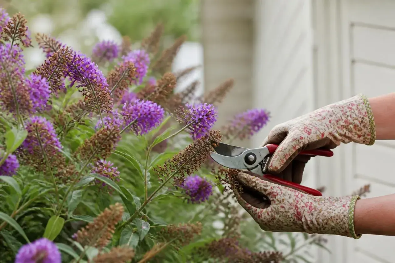 Gärtnerin schneidet verblühte Blüten ab. Eine schöne alternative zu sommerflieder, die auch im Herbst noch Zierwert hat.