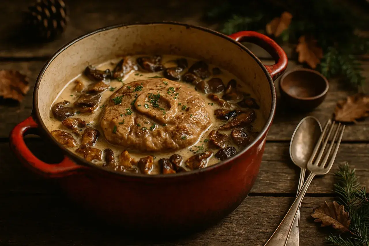 Un plat réconfortant d'osso bucco de dinde mijoté avec des champignons dans une sauce crémeuse, garni de persil frais.