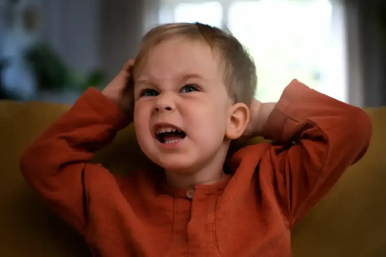 Niño de 3 años con expresión de frustración, agarrándose la cabeza. ¡Los terribles 3 años en todo su esplendor!