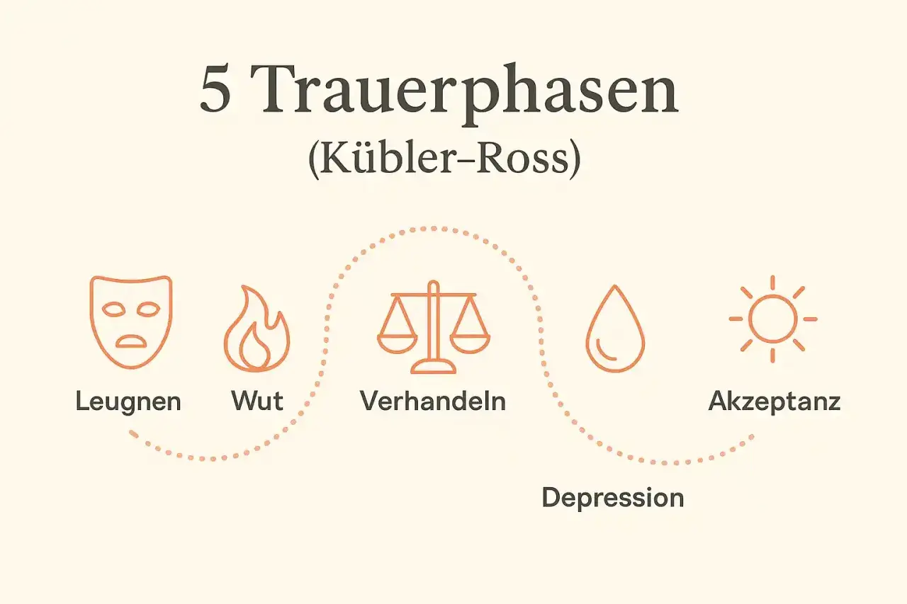 Die 5 Trauerphasen nach Kübler-Ross: Leugnen, Wut, Verhandeln, Depression, Akzeptanz. Ein Weg nach dem Tod des Ehemanns.