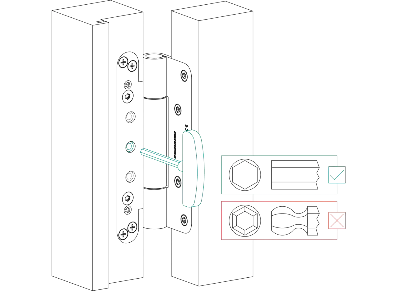 Ilustracja pokazuje montaż ościeżnicy metalowej. Widać zawias i śruby, a także schemat prawidłowego i nieprawidłowego narzędzia do montażu.