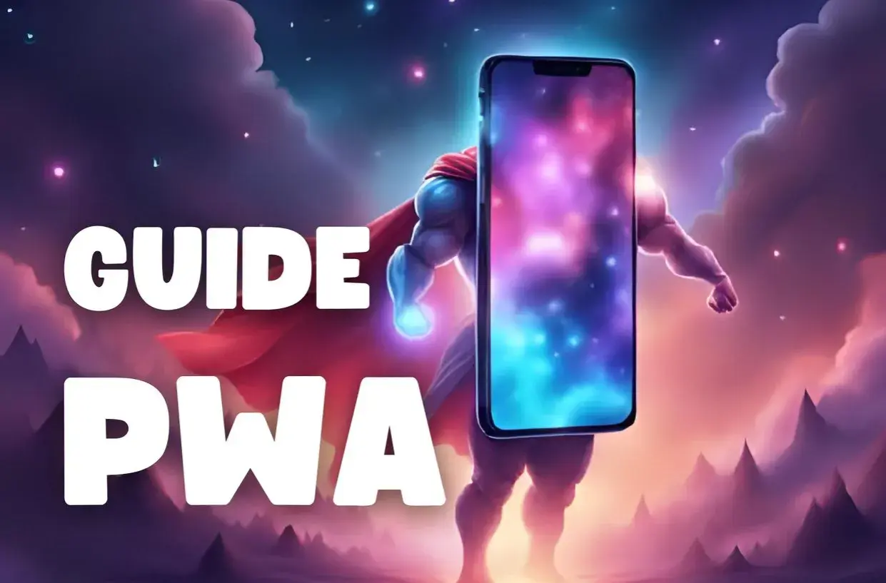 Guide PWA Android : un super-héros cosmique tient un smartphone, prêt à conquérir le monde du web mobile.
