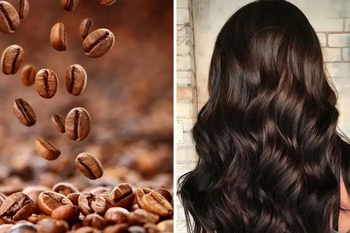 Chicche di caffè che cadono su capelli scuri e lucenti. Attenzione, il caffè rovina i capelli!
