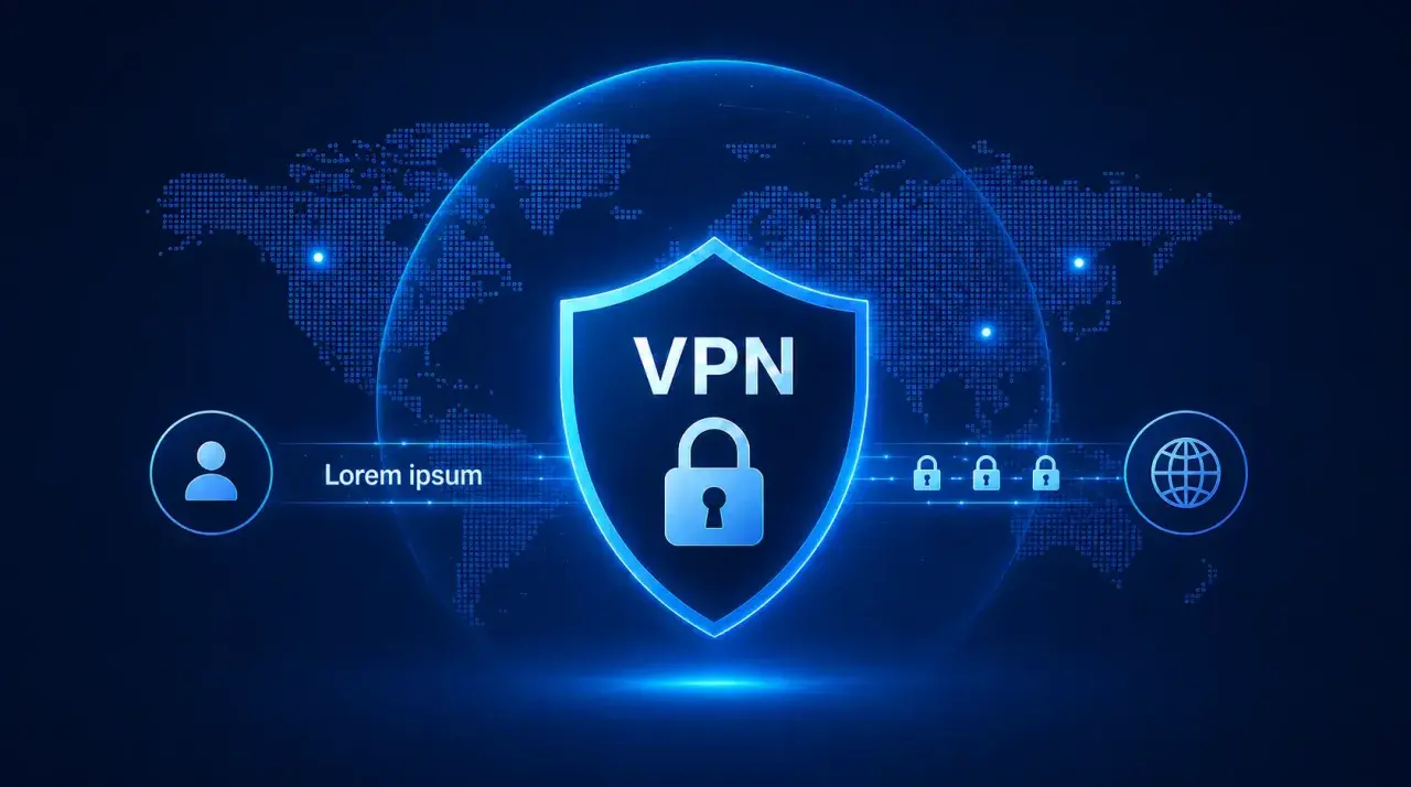 Tarcza z napisem VPN i kłódką symbolizuje bezpieczne szyfrowanie vpn. Mapa świata w tle podkreśla globalny zasięg.