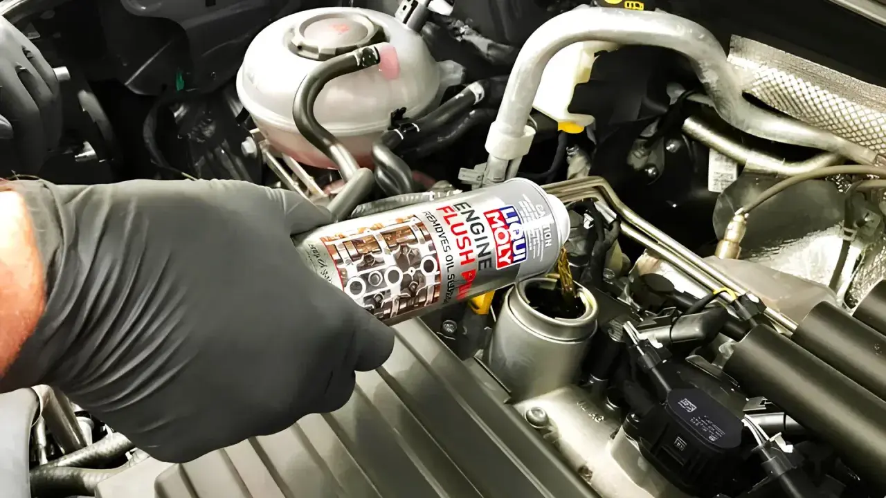 Mano enguantada vierte Liqui Moly Engine Flush para solucionar problemas de aceite.